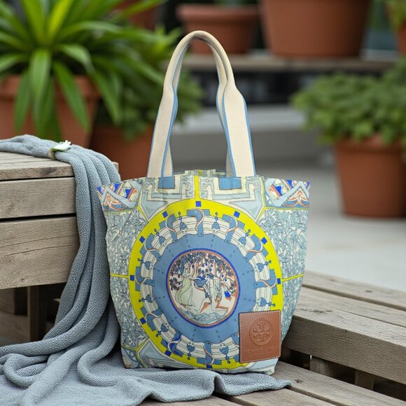 Tory Burch Ella Printed Market Tote Bag Recycled Nylon Greek Gardens Multicolor - Picture 3 of 16